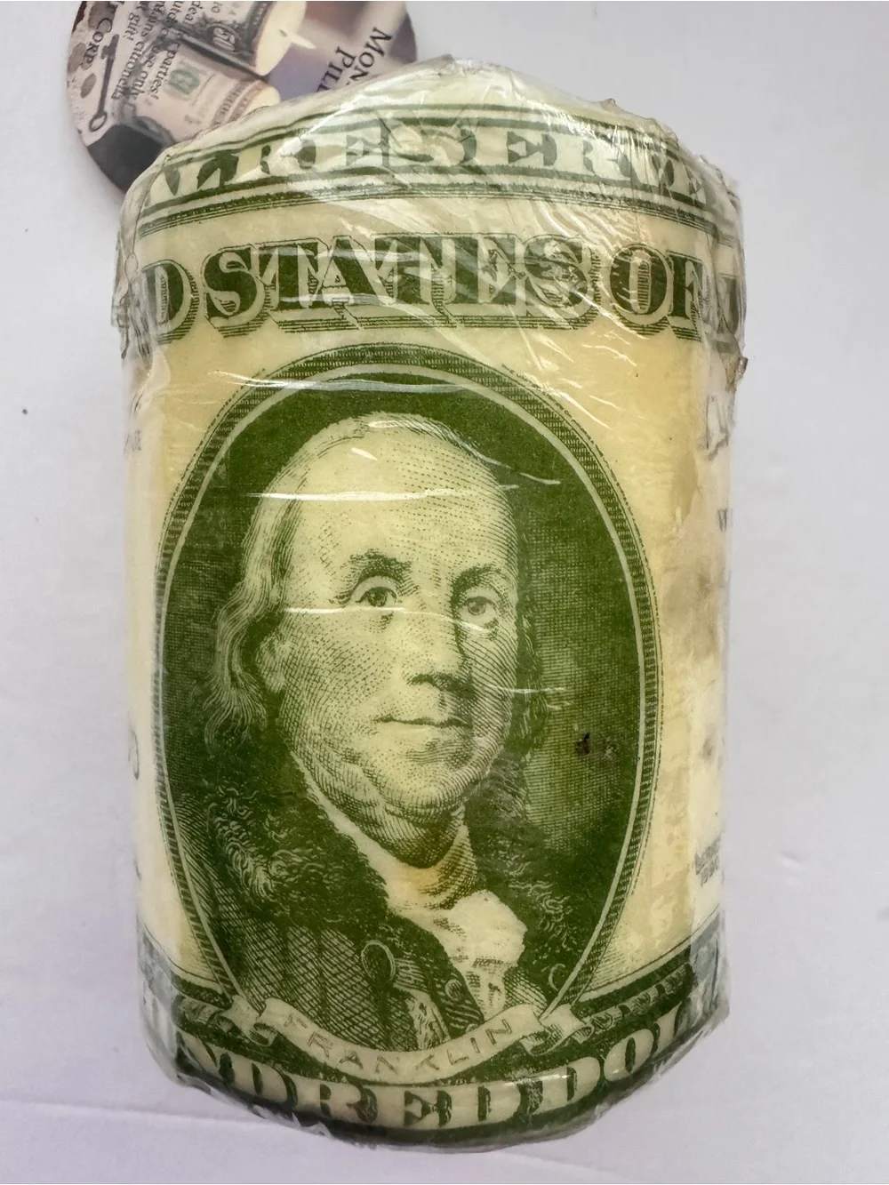 Vintage 1996 Sun-It Corp Money Talks $100 Bill Citronella Pillar Candle 3.5” NOS